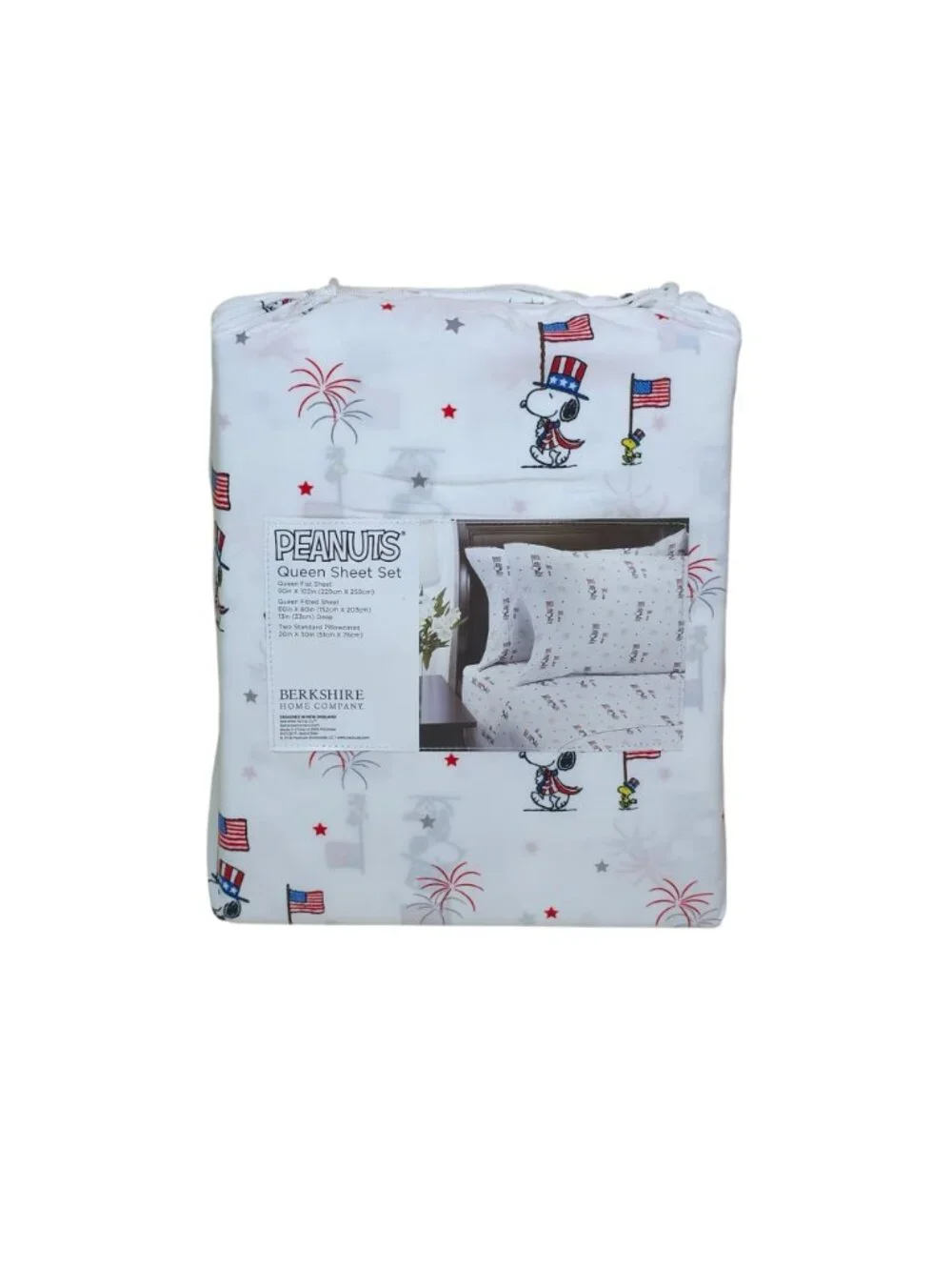 Peanuts 4th of July Queen Sheet Set By Berkshire Snoopy & Woodstock USA Flags